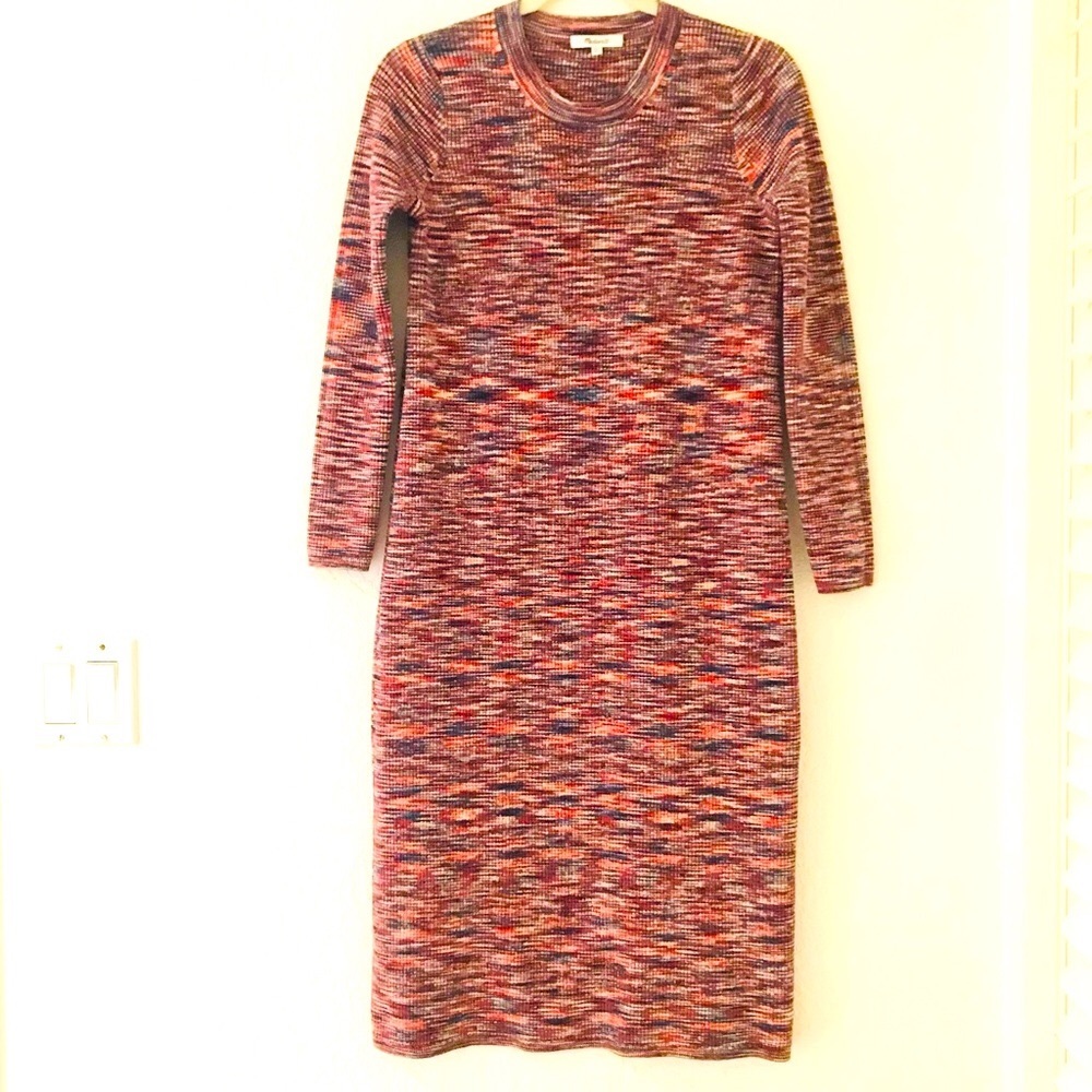 Madewell Midi Long Sleeve Sweater Dress XS EUC Red & Blue, Multicolor, Hipster